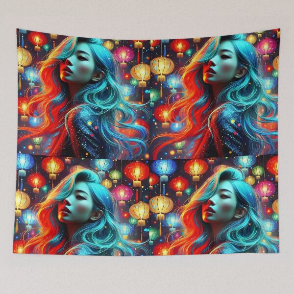 Item preview, Asian colorful lamps teal hair girl portrait digitalart designed and sold by EmeraldeaArt.