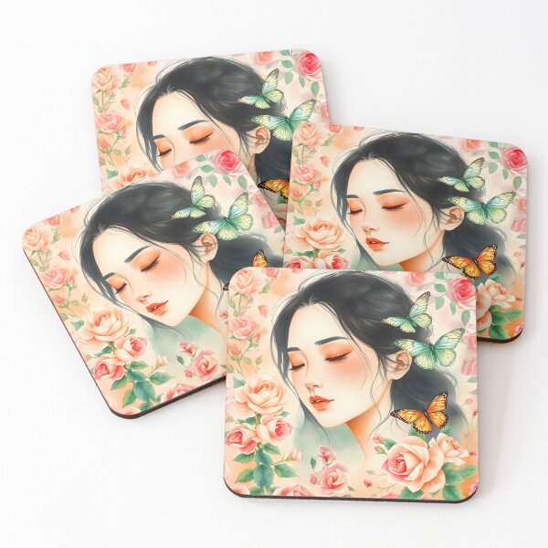 Item preview, Chinese woman portraiture pastel floral watercolor illustration with butterflies designed and sold by EmeraldeaArt.
