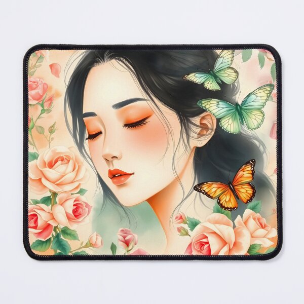 Item preview, Chinese woman portraiture pastel floral watercolor illustration with butterflies designed and sold by EmeraldeaArt.