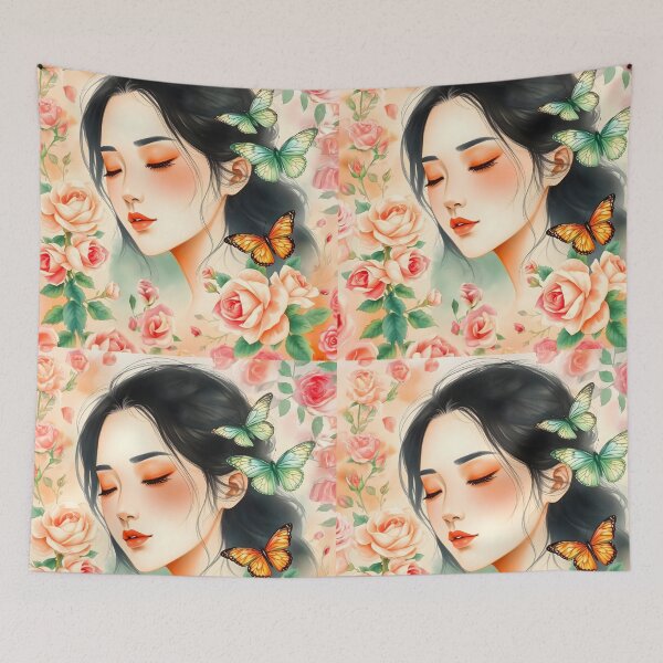 Item preview, Chinese woman portraiture pastel floral watercolor illustration with butterflies designed and sold by EmeraldeaArt.