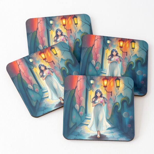 Item preview, Asian artsy woman walking with bubble tea portraiture pastel corridor watercolor illustration designed and sold by EmeraldeaArt.