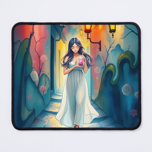 Item preview, Asian artsy woman walking with bubble tea portraiture pastel corridor watercolor illustration designed and sold by EmeraldeaArt.