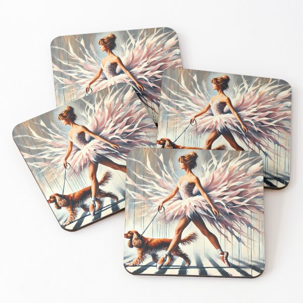 Artikelvorschau, Surreale Ballerina läuft auf einem Zebra mit einem Spaniel-Hund an der Leine und trägt ein Ballettröckchen, künstlerische Aquarell-Illustration entworfen und verkauft von EmeraldeaArt.