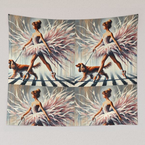 Artikelvorschau, Surreale Ballerina läuft auf einem Zebra mit einem Spaniel-Hund an der Leine und trägt ein Ballettröckchen, künstlerische Aquarell-Illustration entworfen und verkauft von EmeraldeaArt.