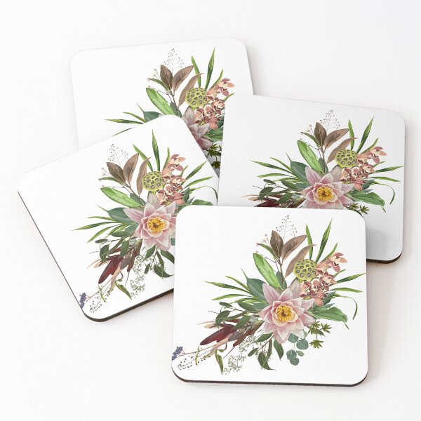 Item preview, Tropical bouquet with lotus, water lily flowers and green plant and leaves. designed and sold by MatyKotiv.