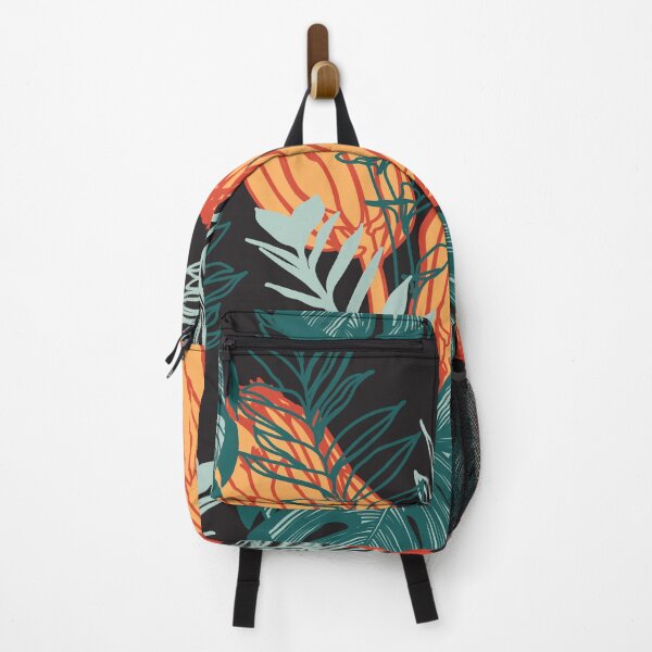 Item preview, Tropical exotic floral silhouette blue palm monstera leaves and orange protea flowers seamless pattern. designed and sold by MatyKotiv.