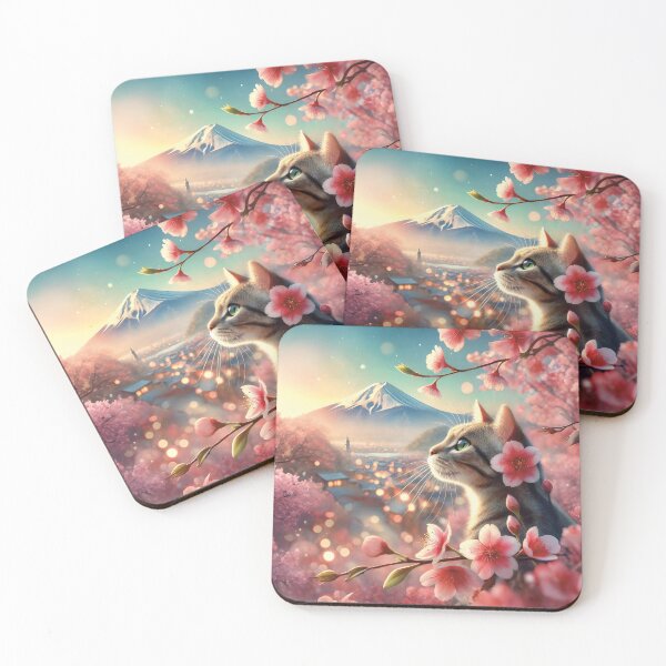 Item preview, Cat in Japan at Mount Fuji, surrounded by Sakura cherry blossom designed and sold by Celedrine-art.