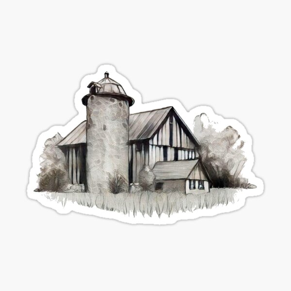 Aperçu de l'œuvre Ancienne grange et silo en pierre, dessin à main levée créée et vendue par JoyfulWhimsy.