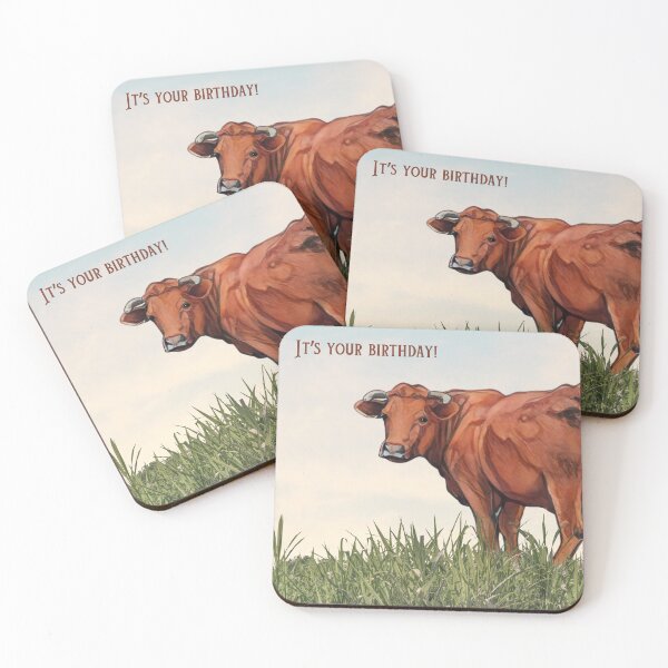 Item preview, It's Your BIRTHDAY! with Sturdy Red Beef Cow in Pasture designed and sold by JoyfulWhimsy.
