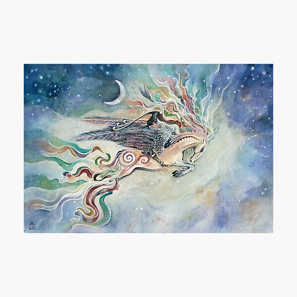 Artikelvorschau, Junge auf einem geflügelten Pferd mit Schleifenschwanz – Fantasy-Aquarell von Alessandra Jann-Jordan, AJJ Arts entworfen und verkauft von AJJARTSLLC.