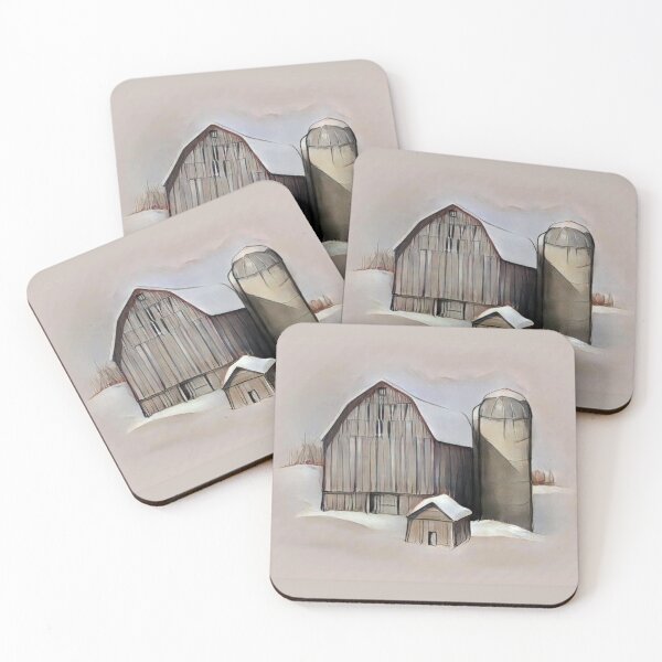Item preview, Old Wooden Barn and Silo in Snow, Winter Scene designed and sold by JoyfulWhimsy.