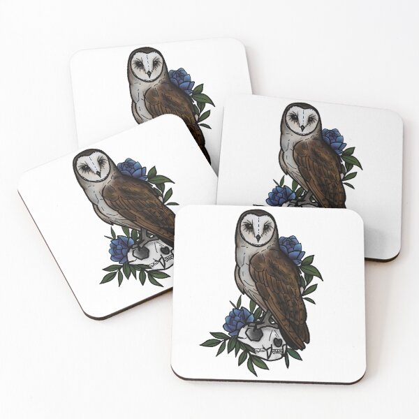 Item preview, Copy of Barn owl sitting on a cat skull tattoo style designed and sold by LeahcarsArt.