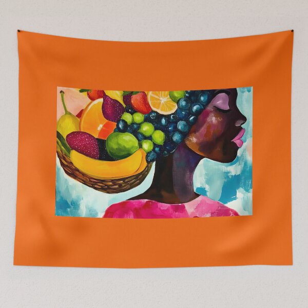 Item preview, Tropical Woman with Colorful Fruits Woven into Hair in Bright Pink, Orange, and Green designed and sold by OlfactoART Studio.