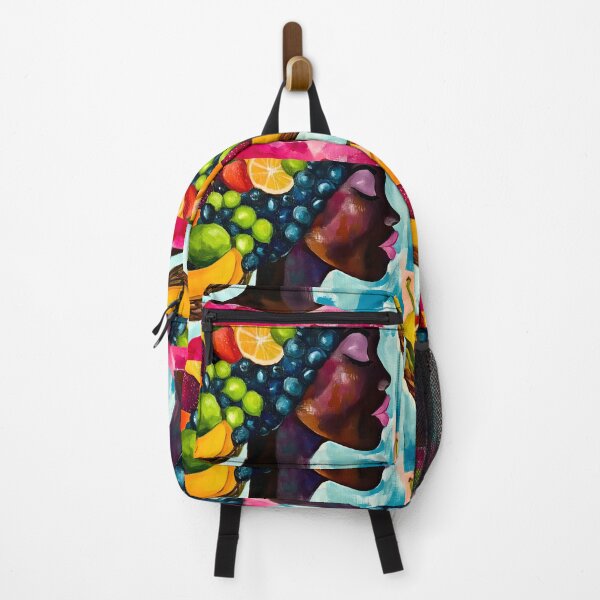 Item preview, Tropical Woman with Colorful Fruits Woven into Hair in Bright Pink, Orange, and Green designed and sold by OlfactoART Studio.