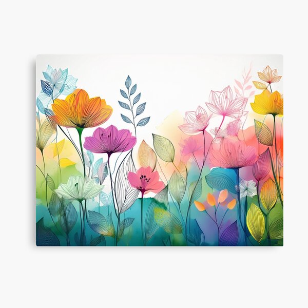 Item preview, DELICATE Pastel boho floral watercolor, line drawing, muted pastel wildflower garden, watercolor rainbow coloured botanicals,  designed and sold by navitalidesign.