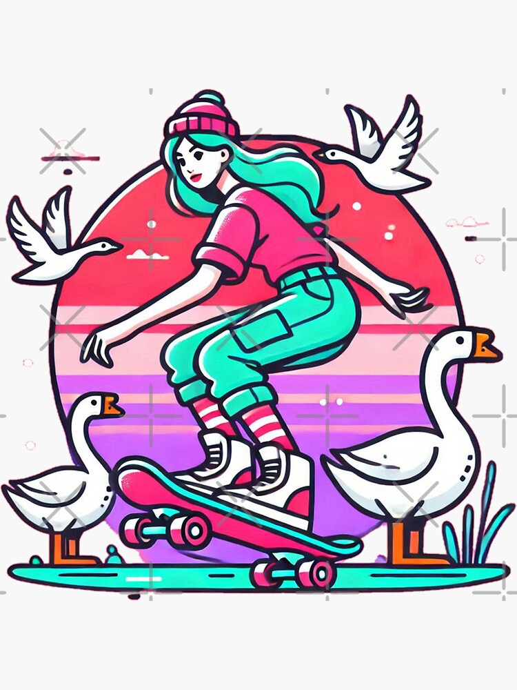 Thumbnail 3 of 3, Sticker, Cool girl Skateboarding with Goose designed and sold by Coollzone.