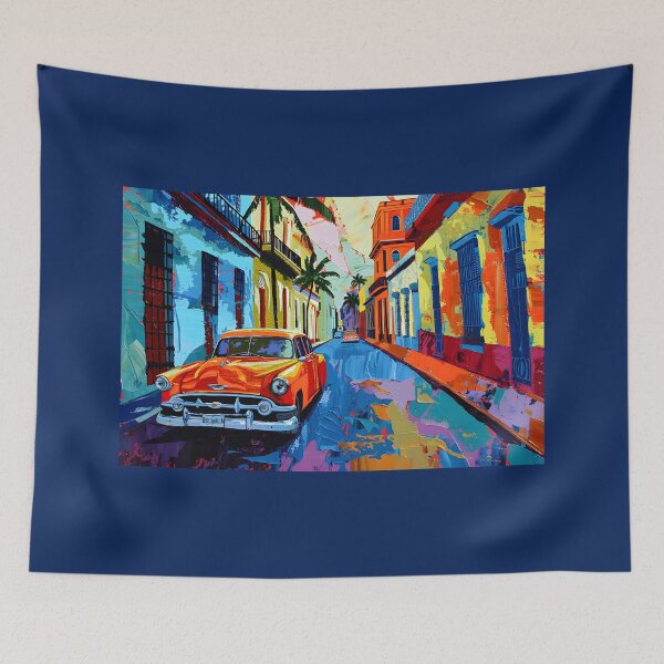 Item preview, Classic Car in Vibrant Havana Street with Colorful Colonial Buildings and Swaying Palms designed and sold by OlfactoART Studio.