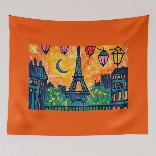 Item preview, Eiffel Tower Shines Under Ramadan Crescent Moon with Lanterns and a Fiery Orange Sky designed and sold by OlfactoART Studio.