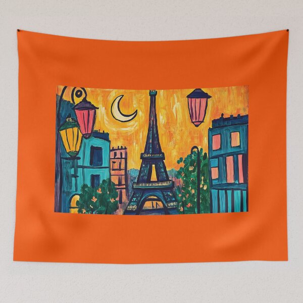 Item preview, Eiffel Tower Glows Under Ramadan Lanterns with a Fiery Orange Sky and Crescent Moon designed and sold by OlfactoART Studio.