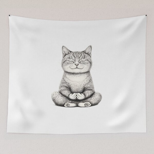 Item preview, illustration of meditating cat, white background designed and sold by wonderisland.