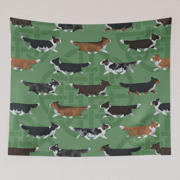 Item preview, Cardigan Welsh Corgi Pattern on Green with Celtic Knots designed and sold by Spinyflowerart.