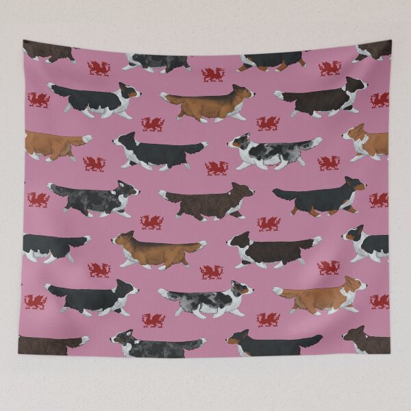 Item preview, Cardigan Welsh Corgi Pattern on Pink with Welsh Dragons designed and sold by Spinyflowerart.