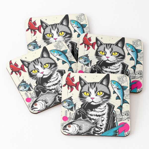 Item preview, Stylish Rebel Cat with Fish & Money Illustration - Unique Artistic Print designed and sold by krauze.