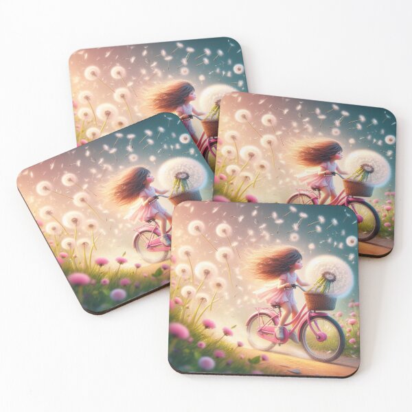 Item preview, Girl with Pink Bicycle and Dandelions Flowers designed and sold by ArtUnova.