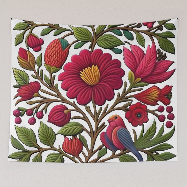 Item preview, Floral Flowers, Bird, Fruits, Folk Art, Colorful And Sharp Contrasts, Floral Art, Folk Art, Vibrant Colors, Colorful Flowers designed and sold by PixelStoneDesign .