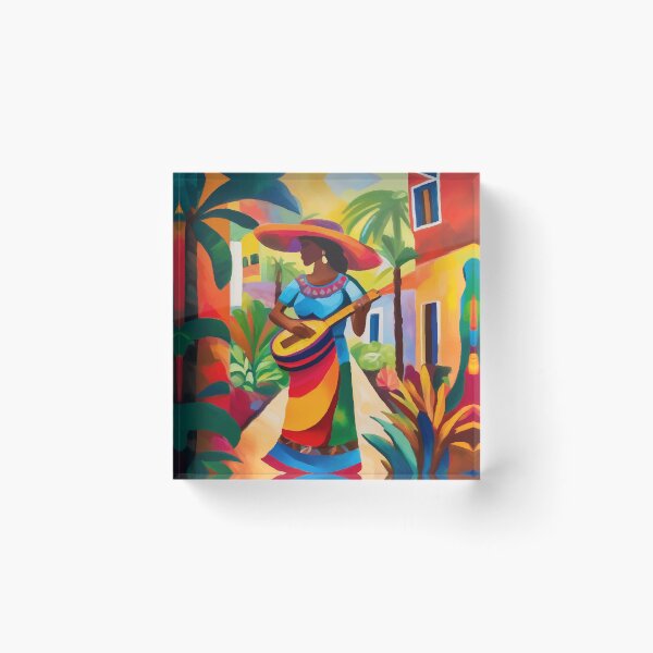 Item preview, Mexican woman playing the ukulele, colorful art designed and sold by PalmitoDecor.