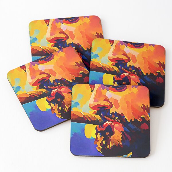Artikelvorschau, Mann mit Bart hält Zigarre in leuchtenden Blau-, Orange- und Gelbtönen Abstrakte Kunst Generative KI entworfen und verkauft von OlfactoART Studio.