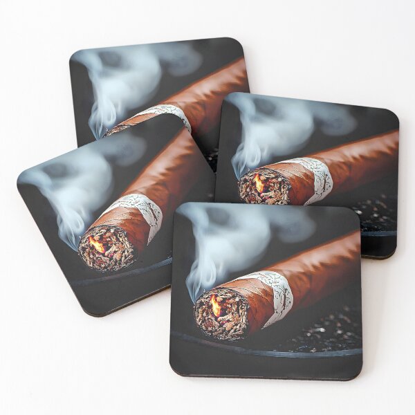 Item preview, Close-Up of Lit Cigar with Graceful Swirling Smoke and Glowing Embers Against Dark Background designed and sold by OlfactoART Studio.