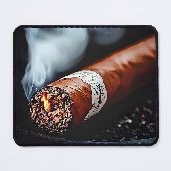 Item preview, Close-Up of Lit Cigar with Graceful Swirling Smoke and Glowing Embers Against Dark Background designed and sold by OlfactoART Studio.