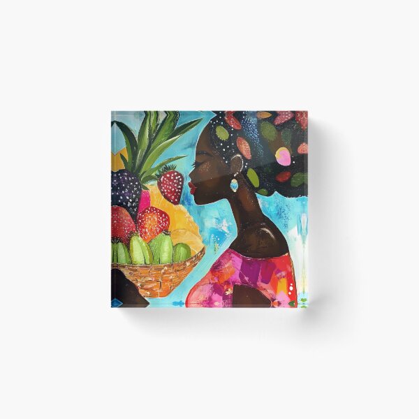 Item preview, Woman with Colorful Headscarf Holding Basket of Vibrant Fruits Against Bright Abstract Background designed and sold by OlfactoART Studio.