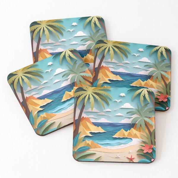 Artikelvorschau, Papierschnitt-Illustration eines Strandes auf Hawaii | Tropische Strandszene | Ruhige Küsten-Papierschnitt-Kunst | Wunderliche Inselstimmung entworfen und verkauft von PaintedPixels01.