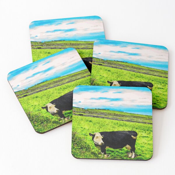 Item preview, Watercolor depiction of a cow on Dunquin's lush green fields, Ireland designed and sold by GestaltImagery.