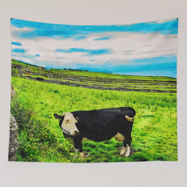 Item preview, Watercolor depiction of a cow on Dunquin's lush green fields, Ireland designed and sold by GestaltImagery.