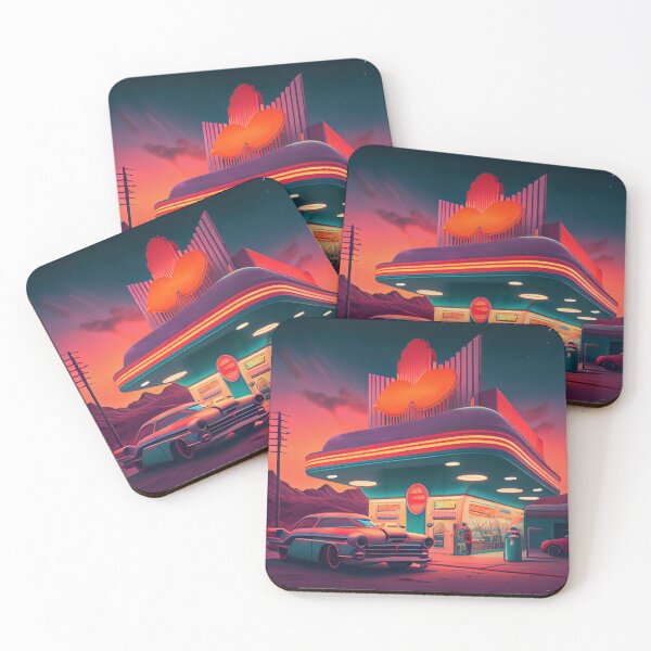 Item preview, The futuristic retro landscape of the 80s. Illustration of the petrol station and car in retro style. Suitable for the design of the 80s style designed and sold by anytka.