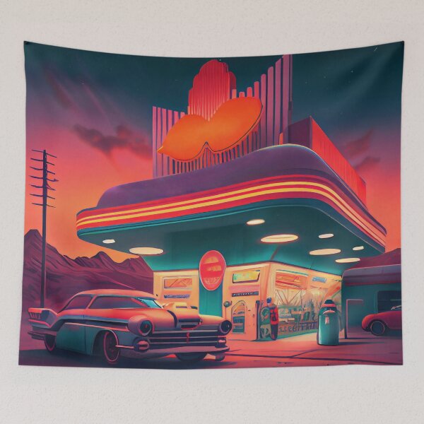 Item preview, The futuristic retro landscape of the 80s. Illustration of the petrol station and car in retro style. Suitable for the design of the 80s style designed and sold by anytka.
