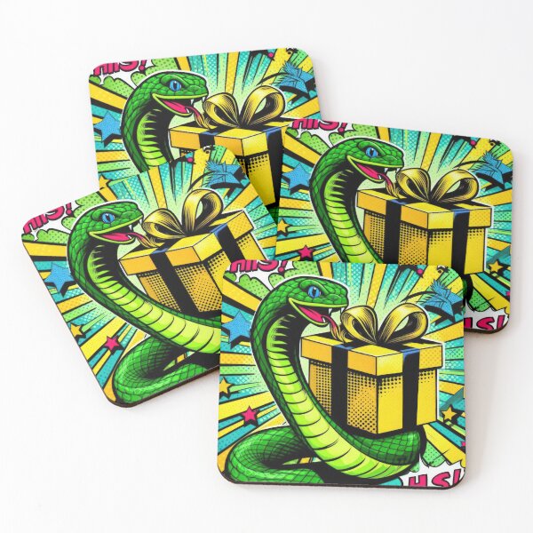Item preview, Christmas Vintage pop art Green snake with yellow gift,christmas animals,christmas Vintage designed and sold by Expressions-Sel.