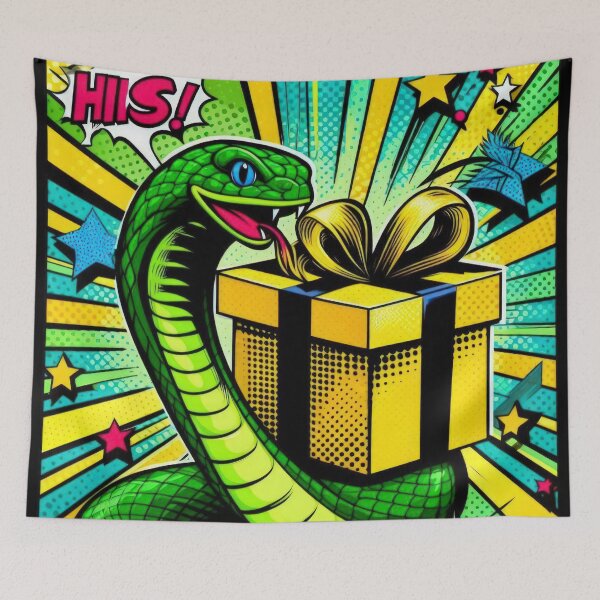 Item preview, Christmas Vintage pop art Green snake with yellow gift,christmas animals,christmas Vintage designed and sold by Expressions-Sel.