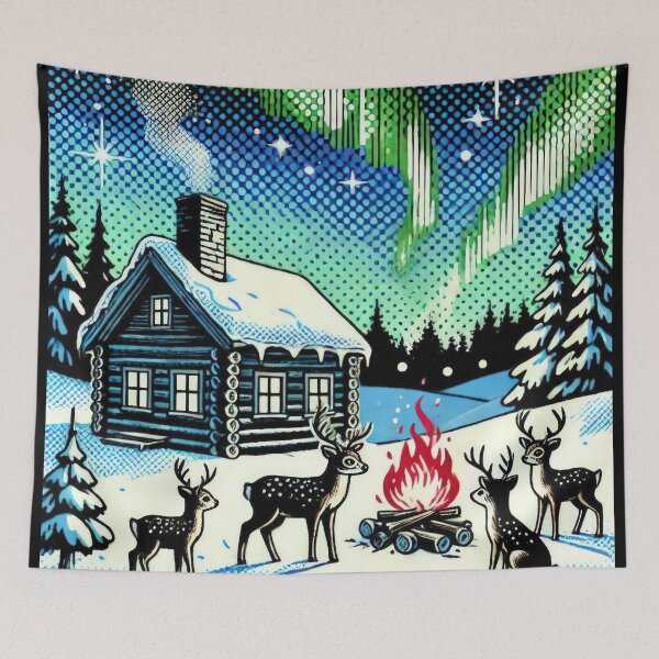 Item preview, Christmas Vintage pop art Colorful Winter landscape with house and reindeer,Christmas Animals,christmas Vintage designed and sold by Expressions-Sel.