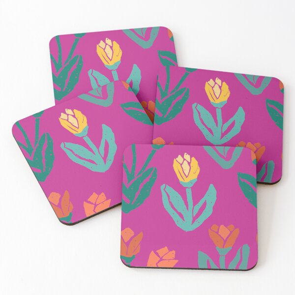 Item preview, Multicolored Woodcut tulips on fuchsia designed and sold by MarySchwindt.