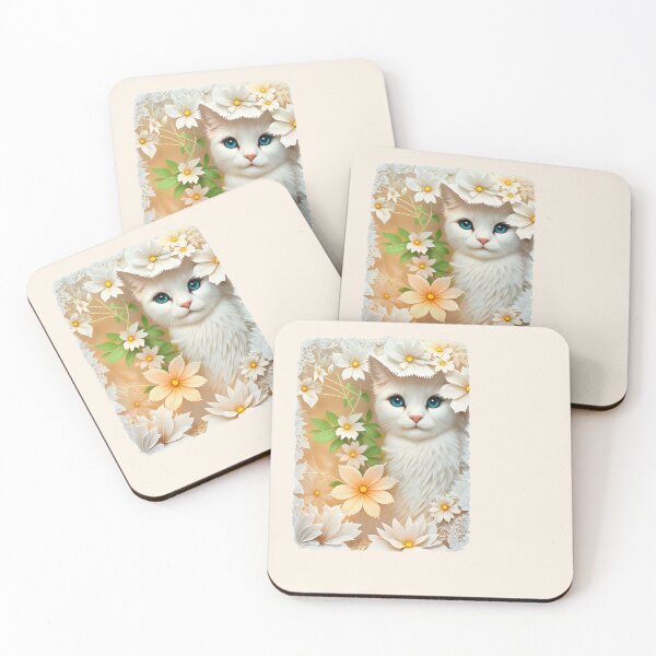 Artikelvorschau, Weiße Katze mit weißer Spitze und Blumen. Vom Originalfoto. A.I.- und Photoshop-Überarbeitung. entworfen und verkauft von chepea2.