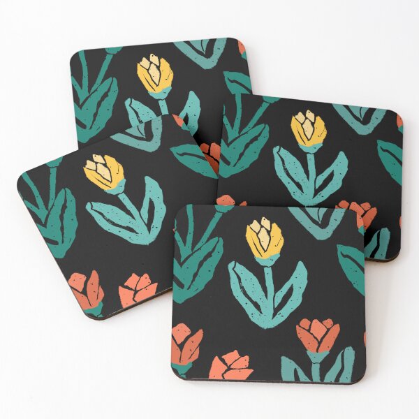 Item preview, Multicolored Woodcut tulips on black designed and sold by MarySchwindt.