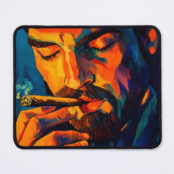 Item preview, Contemplative Man Holding Lit Cigar with Curling Smoke in Bold Blues, Oranges, and Reds designed and sold by OlfactoART Studio.