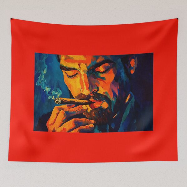 Item preview, Contemplative Man Holding Lit Cigar with Curling Smoke in Bold Blues, Oranges, and Reds designed and sold by OlfactoART Studio.