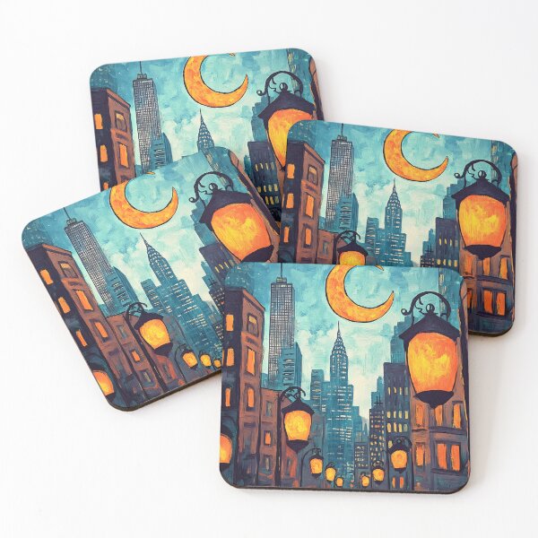 Item preview, Ramadan in New York Featuring Glowing Streetlights and Crescent Moon Over Skyscrapers designed and sold by OlfactoART Studio.