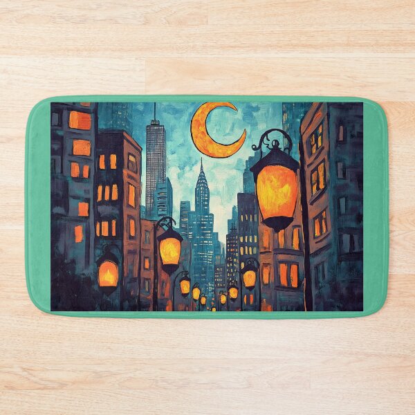 Item preview, Ramadan in New York Featuring Glowing Streetlights and Crescent Moon Over Skyscrapers designed and sold by OlfactoART Studio.