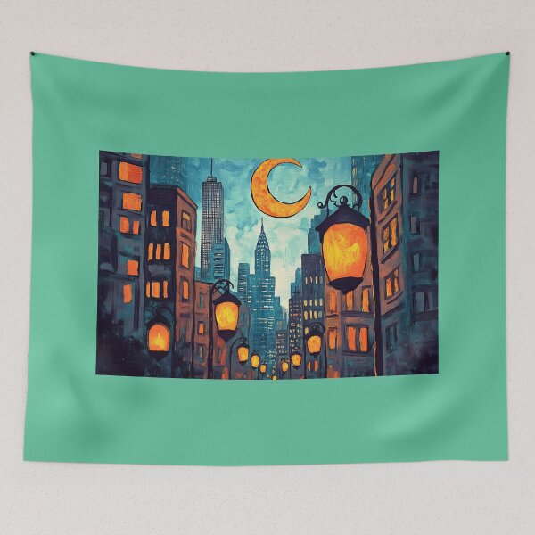 Item preview, Ramadan in New York Featuring Glowing Streetlights and Crescent Moon Over Skyscrapers designed and sold by OlfactoART Studio.